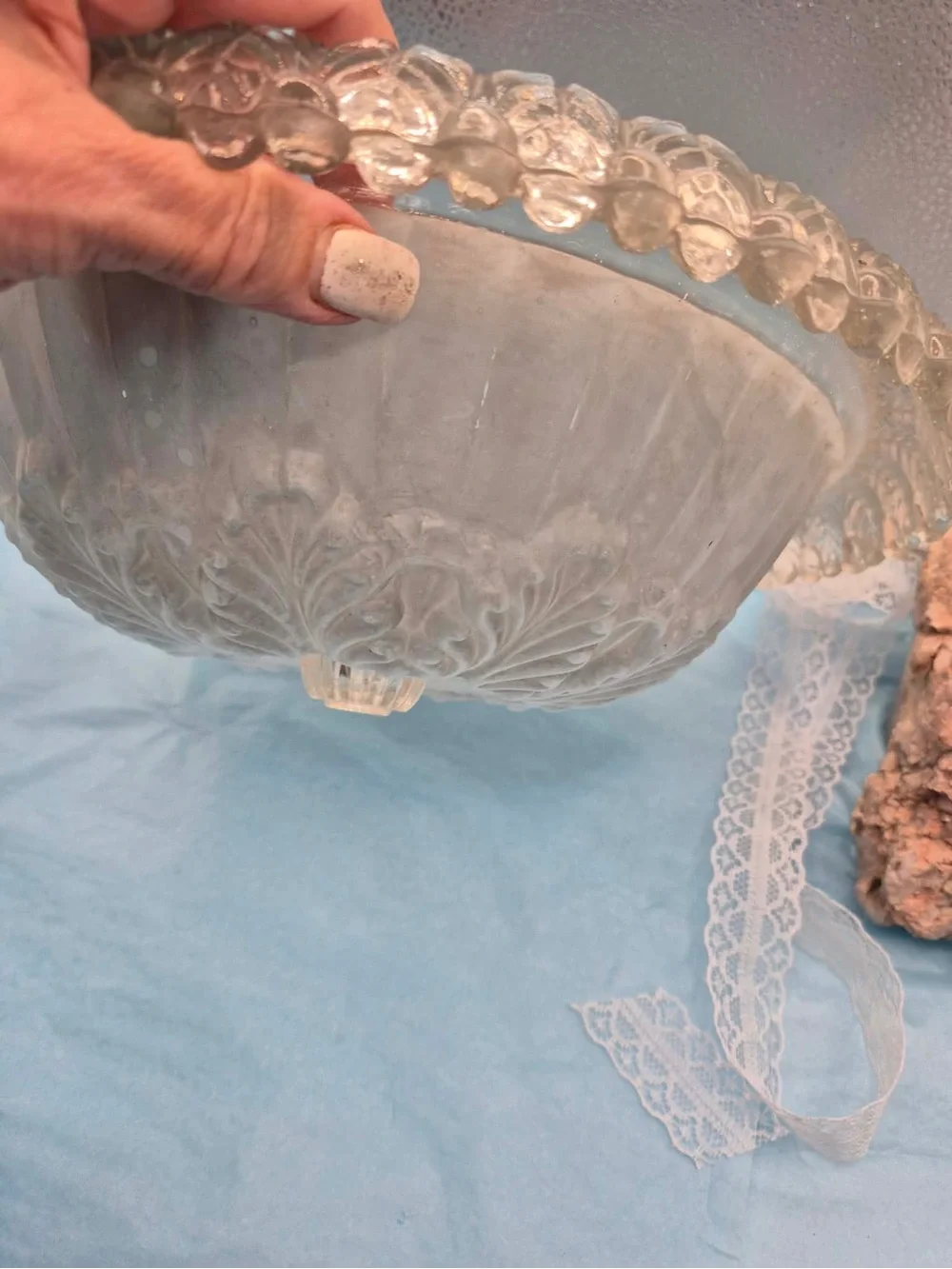 Antique 1930s Frosted Light Blue Glass Ceiling Light Shade Cover by Moe Bridges